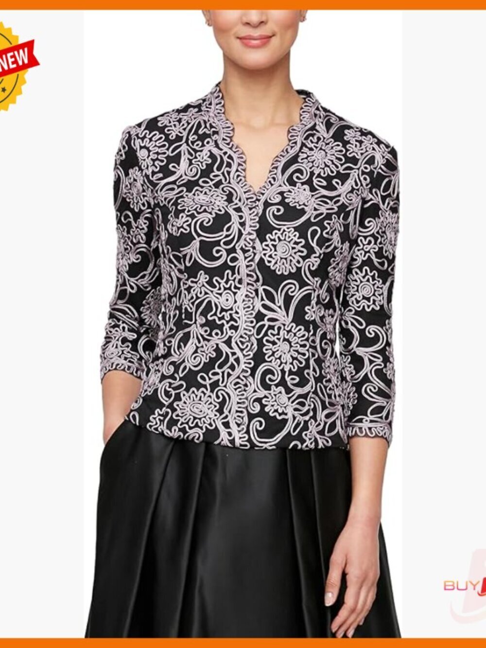 Stretch Embroidered Formal Blouse Illusion Sleeves Scallop Detail